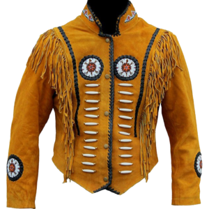 Western Women's Native Suede Leather Jacket with Fringe and bone beads