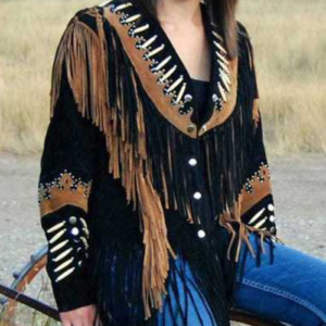 Western Women Suede Style Black Leather Jacket With Fringe