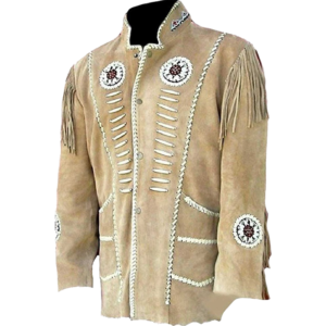 Cowboy Western Men Suede Leather Jacket & Bead Work With Fringe