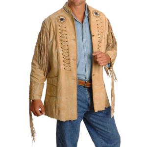 Cowboy Mens Suede Leather Jacket With Fringes Beads
