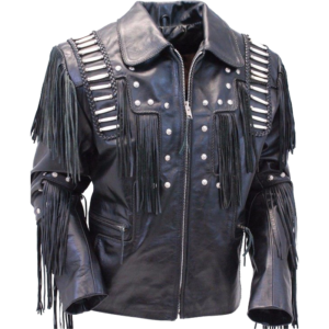 Cowhide Fringe Bones Handmade Leather Mens Coat Jacket