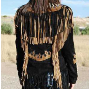 Western Women Suede Style Black Leather Jacket With Fringe