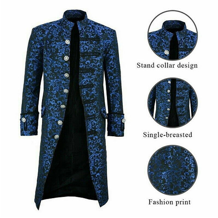 Renaissance Men’s Blue Brocade Goth Steampunk Victorian Velvet Frock Coat usa