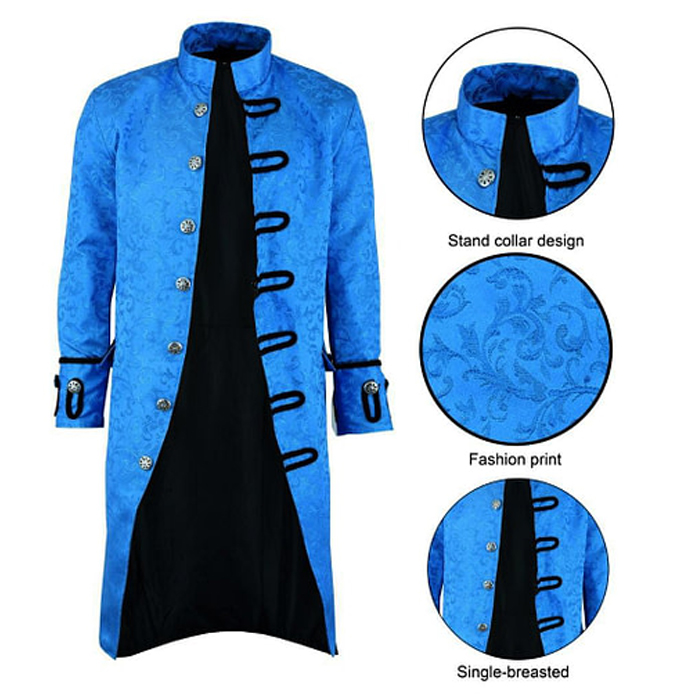 Renaissance Mens Royal Blue Brocade Goth Steampunk Victorian Velvet Frock Coat