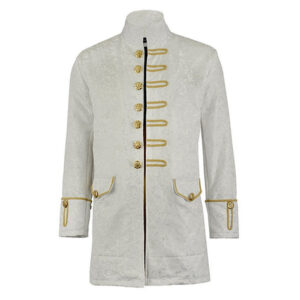 Renaissance Mens Velvet Goth Steampunk Victorian Frock Coat Brocade White Gold 1