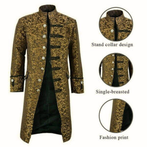 Renaissance Unisex Gold Brocade Goth Steampunk Victorian Velvet Frock Coat USA