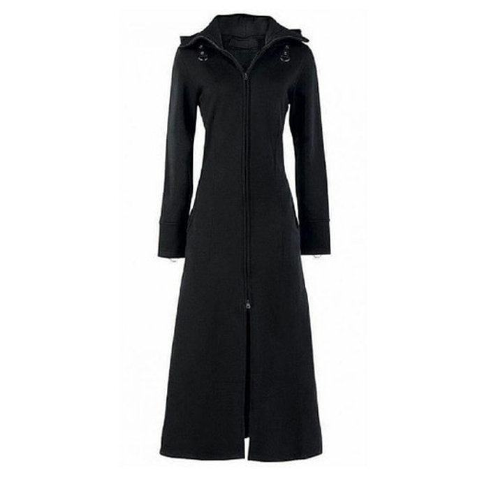 Women’s Black Fleece Long Zip Up Hooded Raven Steampunk Coat Jacket with Pockets