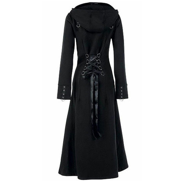 Women’s Black Fleece Long Zip Up Hooded Raven Steampunk Coat Jacket with Pockets