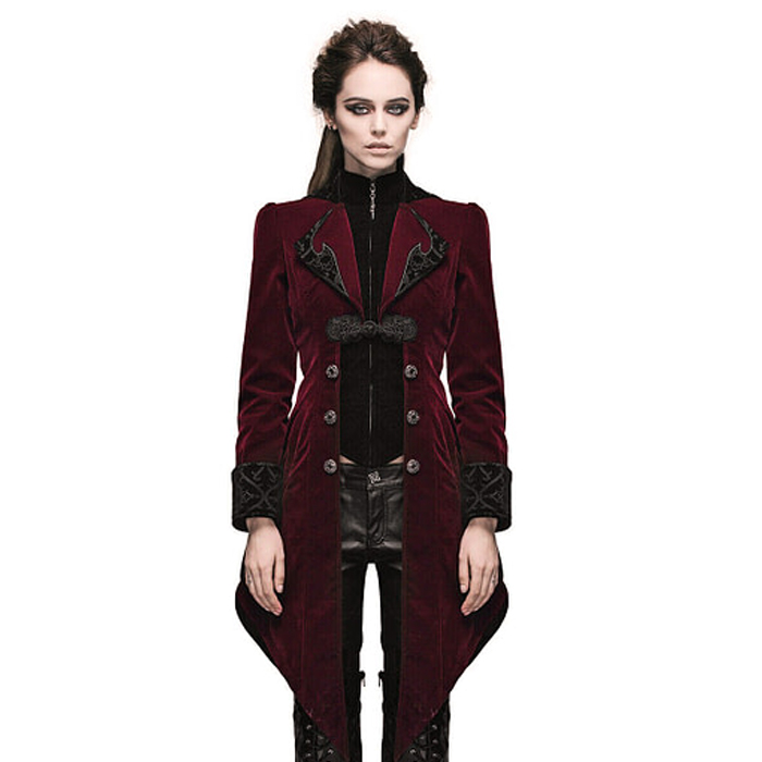 Women’s Steampunk Swallow Tail Coat Gothic Long Winter Burgundy Velvet Coat
