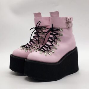 Lace Up Buckles Platform Ankle Boots-4228