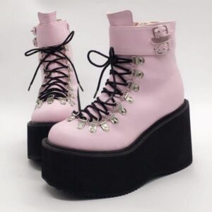 Lace Up Buckles Platform Ankle Boots-4229