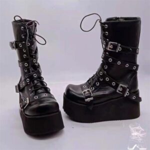 “Punk Girl”Leather Lace-up Buckle Boots-4489