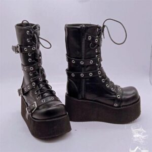 “Punk Girl”Leather Lace-up Buckle Boots-4490