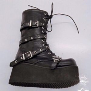 “Punk Girl”Leather Lace-up Buckle Boots-4491