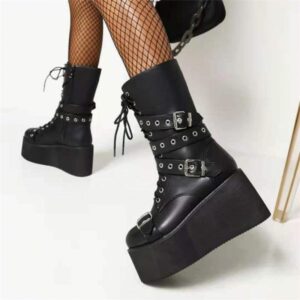 “Punk Girl”Leather Lace-up Buckle Boots-4492