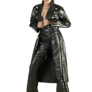 Classic black leather swallowtail coat for women-5470