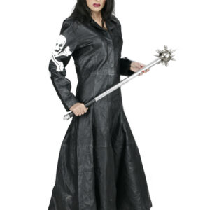 Women Real Gothic black leather long coat-5434