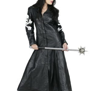 Women Real Gothic black leather long coat-5436