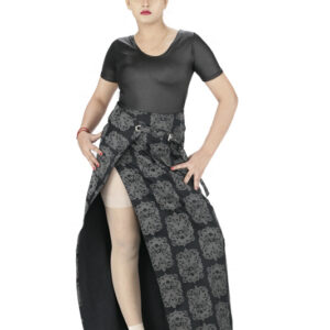 printed dark grey maxi skirt with side cut -6055
