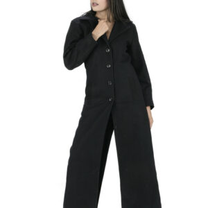 Pure Black Longline Wool Coat For Women-5747