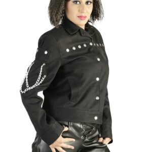 Spring Autumn black silver eyelet studded jacket with chain-6377