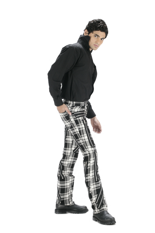 Stylish Men plaid punk Black and White tartan zip bondage pant-6123