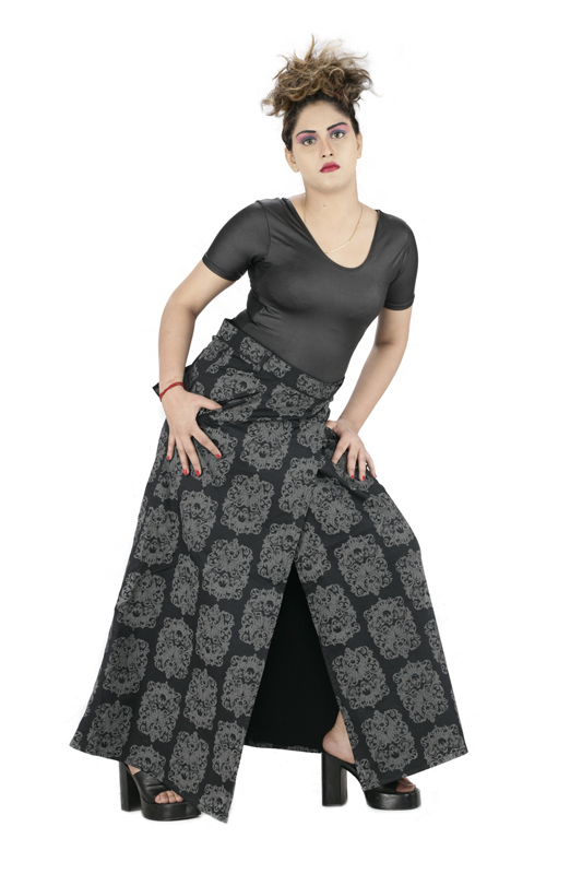 Stylish printed dark grey skirts with front cut -6063