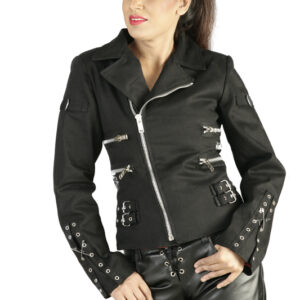 Women black pistol wool Biker jacket -6345