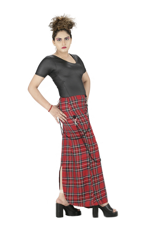 Women red long connacht tartan kilt skirt with chains-6013