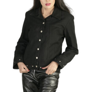 Women Twill Crop spring black denim jacket with silver buttons -6386